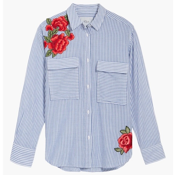 RAILS Revolve Frances Banker Stripe With Floral Patches MED Button Down Oxford - Picture 7 of 16